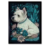 Artery8 Wall Art Print West Highland White Terrier Sitting in Flower Field Modern Dark Art Framed in Black | Size: W12" x H16" Artery8 Black W12" x H16"
