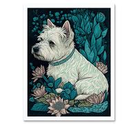 Artery8 Wall Art Print West Highland White Terrier Sitting in Flower Field Modern Dark Art Framed | Size: W12" x H16" Artery8 White W12" x H16"