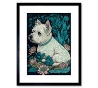 Artery8 Wall Art Print West Highland White Terrier Sitting In Flower Field Modern Dark Artwork Framed 9X7 Inch