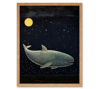 Artery8 Wall Art Print Whale Breach at Full Moon Reach for the Stars Conceptual Artwork Kids Bedroom Art Framed in Light Oak | Size: W12" x H16" Artery8 Light Oak W12" x H16"