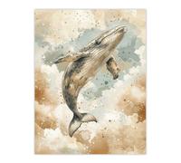 Artery8 Wall Art Print Whale Cloud Jumping Swimming Blue Tan Watercolour Poster in Beige | Size: W12" x H16" Artery8 Beige W12" x H16"