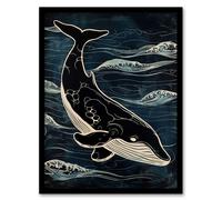 Artery8 Wall Art Print Whale & Ocean Waves Pattern Woodcut Painting Art Framed Poster in Black | Size: A4 Artery8 Black A4