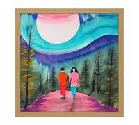 Artery8 Wall Art Print Which Way Now Watercolour Lovers Full Moon Nature Walk Landscape Square Framed Picture 16X16 Inch | Size: W16" x H16" Artery8 Light Oak W16" x H16"