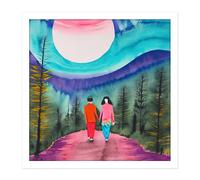 Artery8 Wall Art Print Which Way Now Watercolour Lovers Full Moon Nature Walk Landscape Square Framed Picture 16X16 Inch in White | Size: W16" x H16" Artery8 White W16" x H16"