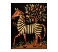 Wall Art Print Whimsical Zebra Posing by Fruit Tree Orange Grey Green Medieval Bestiary Style Surreal Oil Painting Poster Artery8 Multi W24 inch x H32 inch