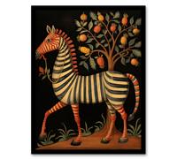 Artery8 Wall Art Print Whimsical Zebra Posing by Fruit Tree Orange Grey Green Medieval Bestiary Style Surreal Oil Painting Artwork Framed Artery8 Multicolor W12" x H16"