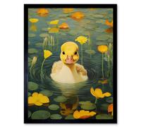 Artery8 Wall Art Print Whirlpool Duckling Lily Pads & Flowers Kids Bedroom Nursery Artwork Art Framed in Black | Size: W12" x H16" Artery8 Black W12" x H16"