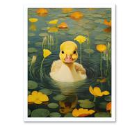 Artery8 Wall Art Print Whirlpool Duckling Lily Pads & Flowers Kids Bedroom Nursery Artwork Art Framed in White | Size: W12" x H16" Artery8 White W12" x H16"