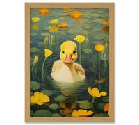 Wall Art Print Whirlpool Duckling Lily Pads and Flowers Kids Bedroom Nursery Artwork Framed A4 Artery8 Light Oak A4
