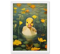 Wall Art Print Whirlpool Duckling Lily Pads and Flowers Kids Bedroom Nursery Artwork Framed A4 Artery8 White A4