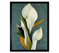Artery8 Wall Art Print White Calla Lily Bouquet Flowers In Blue Background Realism Art Framed in Black | Size: W12" x H16" Artery8 Black W12" x H16"