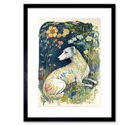 Artery8 Wall Art Print White Greyhound Dog with Floral Pattern Fur Coat lying in Flower Field Modern Artwork Framed 9X7 Inch | Size: W7" x H9" Artery8 Black W7" x H9"
