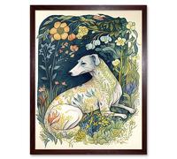 Artery8 Wall Art Print White Greyhound Dog with Floral Pattern Fur Coat lying in Flower Field Modern Art Framed in Brown | Size: W12" x H16" Artery8 Brown W12" x H16"