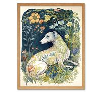 Artery8 Wall Art Print White Greyhound Dog with Floral Pattern Fur Coat lying in Flower Field Modern Art Framed in Light Oak | Size: W12" x H16" Artery8 Light Oak W12" x H16"