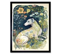 Artery8 Wall Art Print White Greyhound Dog with Floral Pattern Fur Coat lying in Flower Field Modern Art Framed in Black | Size: W12" x H16" Artery8 Black W12" x H16"