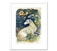 Artery8 Wall Art Print White Greyhound Dog with Floral Pattern Fur Coat lying in Flower Field Modern Artwork Framed 9X7 Inch | Size: W7" x H9" Artery8 White W7" x H9"