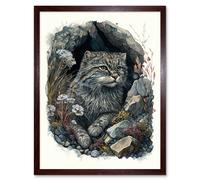 Artery8 Wall Art Print Wild Cat in Rock Cavity with Wildflowers Detailed Watercolour Art Framed in Brown | Size: W12" x H16" Artery8 Brown W12" x H16"