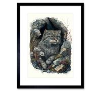 Artery8 Wall Art Print Wild Cat In Rock Cavity With Wildflowers Detailed Watercolour Artwork Framed 9X7 Inch