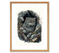 Artery8 Wall Art Print Wild Cat in Rock Cavity with Wildflowers Detailed Watercolour Artwork Framed 9X7 Inch in Beige | Size: W7" x H9" Artery8 Beige W7" x H9"