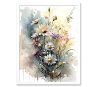 Artery8 Wall Art Print Wild Flower Daisies in Bloom Modern Boho Watercolour Painting Art Framed in White | Size: W12" x H16" Artery8 White W12" x H16"