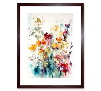 Artery8 Wall Art Print Wild Flowers Abstract Watercolour Orange Red Purple Bright Floral Spring Field Artwork Framed 9X7 Inch | Size: W7" x H9" Artery8 Brown W7" x H9"
