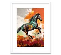 Artery8 Wall Art Print Wild Horse Galloping Across a Barren Landscape Artwork Framed 9X7 Inch in White | Size: W7" x H9" Artery8 White W7" x H9"