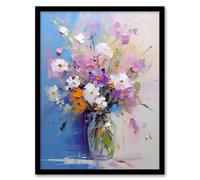 Wall Art Print Wildflower Bouquet in Glass Vase Oil Painting Pastel Framed Artery8 Blue A4