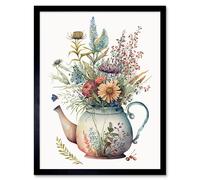 Artery8 Wall Art Print Wildflower Floral Bouquet in China Pattern Teapot Art Framed in Black | Size: W12" x H16" Artery8 Black W12" x H16"