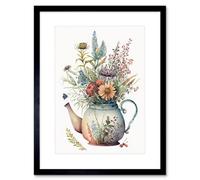 Artery8 Wall Art Print Wildflower Floral Bouquet In China Pattern Teapot Artwork Framed 9X7 Inch