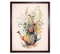Artery8 Wall Art Print Wildflower Floral Spring Bouquet in a Teapot Vase Art Framed in Brown | Size: W12" x H16" Artery8 Brown W12" x H16"