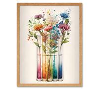 Artery8 Wall Art Print Wildflower Glass Test Tubes Rainbow Colour Water Art Framed in Light Oak | Size: W12" x H16" Artery8 Light Oak W12" x H16"