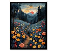 Artery8 Wall Art Print Wildflower Path at Sunset Floral Nature Landscape Art Framed Poster in Black | Size: W12" x H16" Artery8 Black W12" x H16"