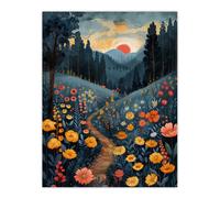 Artery8 Wall Art Print Wildflower Path at Sunset Floral Nature Landscape Poster in Blue | Size: W12" x H16" Artery8 Blue W12" x H16"