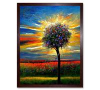 Artery8 Wall Art Print Wildflower Tree Sunset Poppy Meadow Oil Art Framed in Brown | Size: W12" x H16" Artery8 Brown W12" x H16"