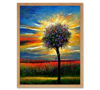Artery8 Wall Art Print Wildflower Tree Sunset Poppy Meadow Oil Art Framed in Light Oak | Size: W12" x H16" Artery8 Light Oak W12" x H16"