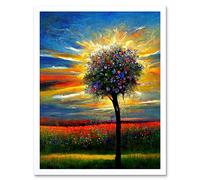 Artery8 Wall Art Print Wildflower Tree Sunset Poppy Meadow Oil Art Framed in White | Size: W12" x H16" Artery8 White W12" x H16"