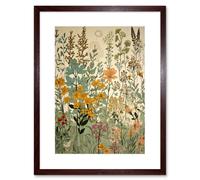 Artery8 Wall Art Print Wildflower Vintage Botanical Painting Pastel Yellow Green Teal Pink Spring Field Artwork Framed 9X7 Inch | Size: W7" x H9" Artery8 Brown W7" x H9"