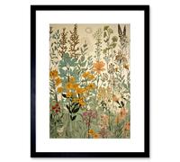 Artery8 Wall Art Print Wildflower Vintage Botanical Painting Pastel Yellow Green Teal Pink Spring Field Artwork Framed 9X7 Inch | Size: W7" x H9" Artery8 Black W7" x H9"