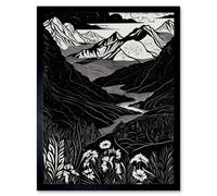 Artery8 Wall Art Print Wildflowers in Spring Mountain Landscape Linocut Art Framed in Black | Size: W12" x H16" Artery8 Black W12" x H16"