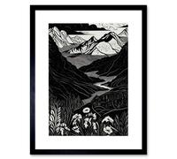 Artery8 Wall Art Print Wildflowers in Spring Mountain Landscape Linocut Artwork Framed 9X7 Inch in Black | Size: W7" x H9" Artery8 Black W7" x H9"