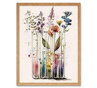 Artery8 Wall Art Print Wildflowers Rainbow Colour Water Glass Test Tubes Art Framed in Light Oak | Size: W12" x H16" Artery8 Light Oak W12" x H16"