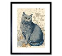 Artery8 Wall Art Print William Morris Inspired Cat Portrait With Flowers Modern Artwork Framed 9X7 Inch