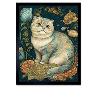 Artery8 Wall Art Print William Morris Inspired Cute Cat with Floral Pattern Fur & Flowers Colourful Modern Art Framed | Size: W12" x H16" Artery8 Multicolor W12" x H16"