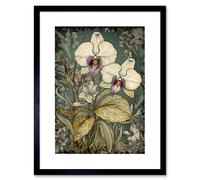 Artery8 Wall Art Print William Morris Style White & Purple Orchid Artwork Framed 9X7 Inch in Black | Size: W7" x H9" Artery8 Black W7" x H9"