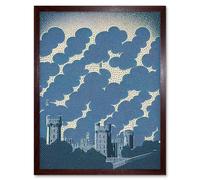 Artery8 Wall Art Print Windsor Castle with Cloudy Sky Lithograph in Blue Art Framed in Brown | Size: W12" x H16" Artery8 Brown W12" x H16"