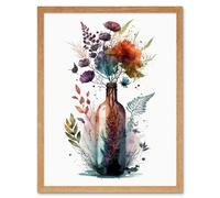 Artery8 Wall Art Print Wine Bottle with Spring Wildflower Floral Bouquet Art Framed in Light Oak | Size: W12" x H16" Artery8 Light Oak W12" x H16"