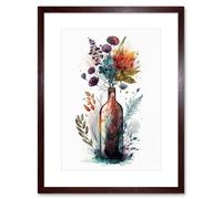 Artery8 Wall Art Print Wine Bottle with Wildflower Floral Spring Bouquet Artwork Framed 9X7 Inch in Brown | Size: W7" x H9" Artery8 Brown W7" x H9"