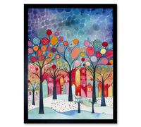Artery8 Wall Art Print Winter Abstract Village Folk Art Framed in Black | Size: W12" x H16" Artery8 Black W12" x H16"