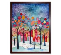 Artery8 Wall Art Print Winter Abstract Village Folk Art Framed in Brown | Size: W12" x H16" Artery8 Brown W12" x H16"