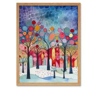 Artery8 Wall Art Print Winter Abstract Village Folk Art Framed in Light Oak | Size: W12" x H16" Artery8 Light Oak W12" x H16"